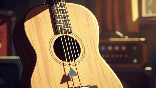 Acoustic guitar close-up shows wood grain and six strings in warm lighting