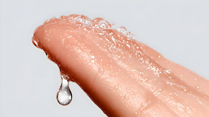 Fototapeta premium Close-up of wet finger with water droplet. Clean, fresh, and hydrating mood. Ideal for skincare, moisture concepts, and beauty advertising.