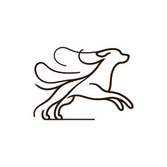 A minimalist illustration of a running dog with flowing fur, symbolizing speed and freedom