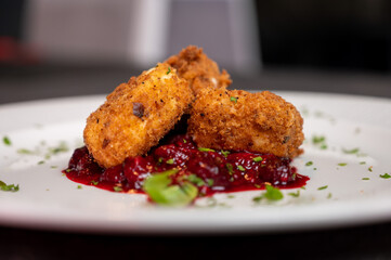 Crispy Fried Camembert Cheese with Sweet Cranberry Sauce on White Plate. Gourmet Appetizer Dish