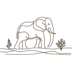Obraz premium Simple line drawing of an elephant standing in a natural setting with plants in the background