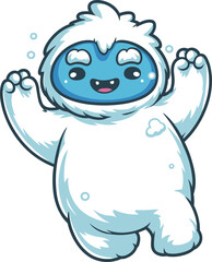 Adorable cartoon yeti character with blue face and white fur, jumping with joy, perfect for winter, children’s content, animation, fantasy illustration