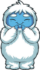 Cute blue yeti cartoon character with fluffy white fur, smiling and standing happily for winter, fantasy, holiday, children’s content, and animation design