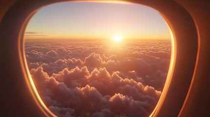 Airplane window view of clouds and sky during sunset with golden light shining through the clouds