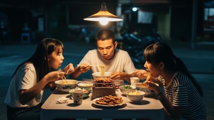 Cozy outdoor dinner gathering under warm lantern light with friends enjoying asian cuisine - Powered by Adobe