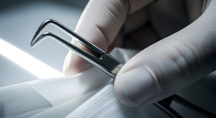 Surgeon's hand in white glove holding surgical forceps over sterile white material illuminated by bright light suggestive of medical procedure