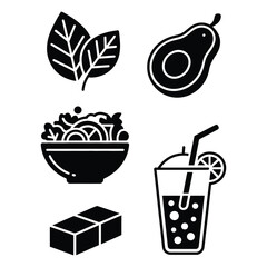 Vegan food icon set with green leaf, avocado, salad bowl, tofu, and smoothie, black and white vector style