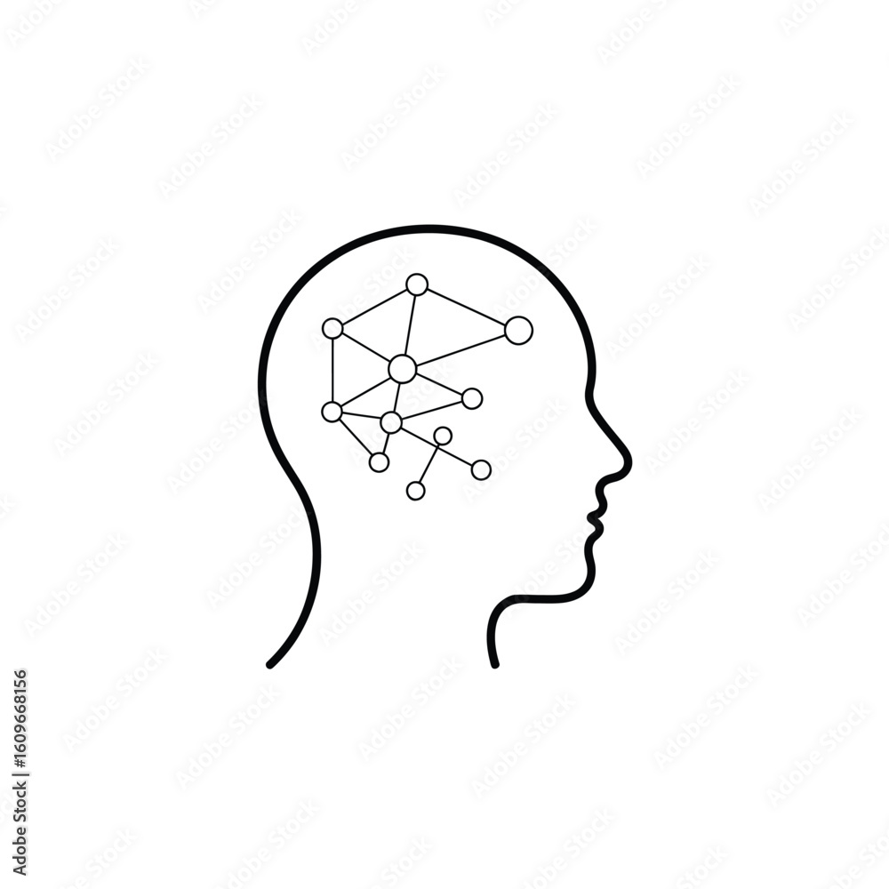 Poster artificial intelligence brain network represented by head silhouette and linked nodes symbolic of th