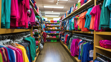 Obraz premium A vibrant clothing store with colorful shirts on display, organized on shelves and racks.