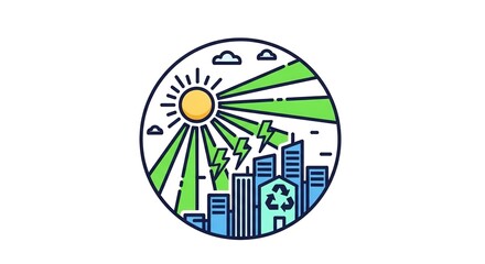 Obraz premium Illustration of cityscape with sun rays and recycling symbol in a circle.