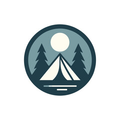 A serene camping scene featuring a tent under a full moon surrounded by tall pine trees