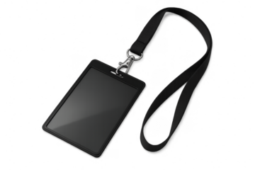 Blank black id card with lanyard on transparent background