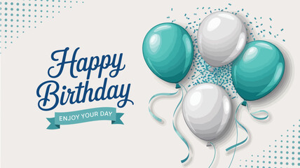 Birthday greeting with teal and white balloons, ribbon accents, dotted background, and bold cursive message—perfect for celebration cards © Mushtaq