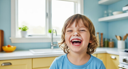 Young boy laughing with milk on his nose in modern kitchen  