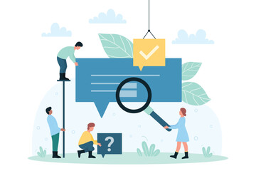 Obraz na płótnie Canvas Online web search of data information, internet content and job vector illustration. Cartoon tiny people looking through loupe on document, characters work and study website marketing analysis