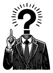 Businessman Figure with Question Mark Head and Eureka Idea Hand Gesture Pointing Up Black and White Outline Line Art Drawing