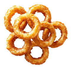 Fototapeta premium Crispy golden onion rings arranged in a cluster