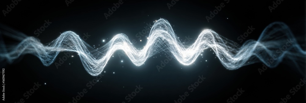 Poster depiction of brainwaves as luminous curves in dark space with left section remaining clear and disti
