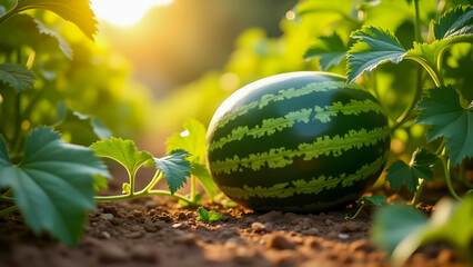 Watermelon Growing on the Ground Surrounded by Vine Leaves, Warm Sunlight