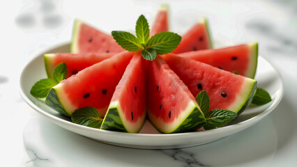 Artistic Display of Triangular Watermelon Slices with Mint Leaves on a White Plate