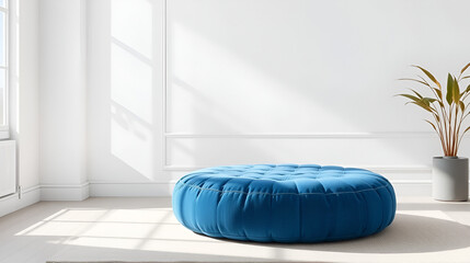 Circular blue pouf in a white room