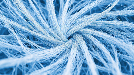 Obraz premium Close up of blue knitted yarn forming abstract fiber texture. Macro view of intertwined fabric threads, weaving textile material.