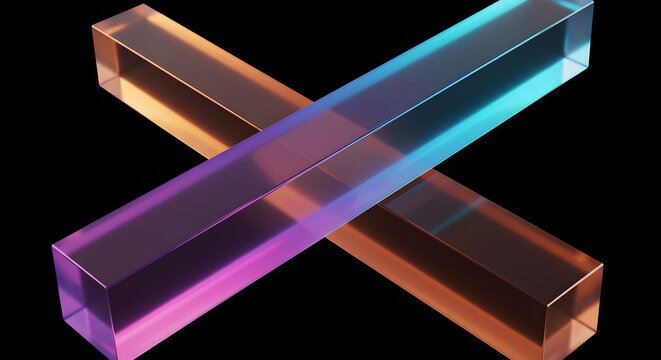 Two translucent, rectangular prisms intersecting at their centers, illuminated with a gradient of purple, orange, and blue light against a black background.