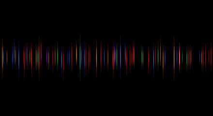 Colorful glowing vertical lines create a vibrant, abstract light pattern on a black background.