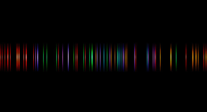 A vibrant horizontal band of glowing, multi-colored vertical lines creating an abstract light spectrum.