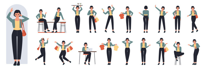Lifestyle and poses of young girl set vector illustration. Cartoon brunette with short haircut sitting on bar chair, holding cocktails and clothes hanger, shopaholic lady on shopping isolated on white