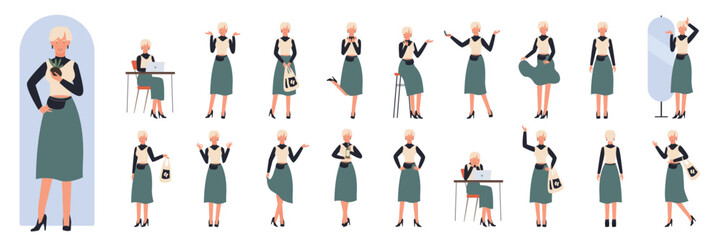 Young stylish woman poses set vector illustration. Cartoon fashionable lady blonde standing in heels, front view, back and side, beautiful girl holding shopping bag and walking isolated on white