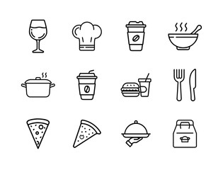 Restaurant and food service icon set with menu, chef, plate, cutlery, meal, delivery, fast food, drink, and kitchen tools vector line pictograms