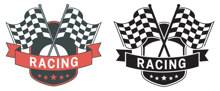 Vector racing badge and logo set featuring bold typography, checkered flags, speed lines, and automotive icons perfect for motorsport teams, racing events, and car branding designs