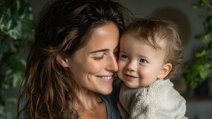 Close-up of Smiling Mother and Baby Touching Noses