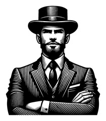 Vintage Businessman with Top Hat and Crossed Arms Black and White Outline Line Art Drawing Character