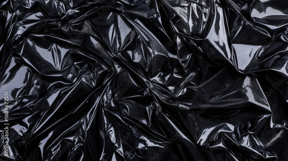 Poster black plastic wrap texture background with crumpled folds. shiny dark abstract surface pattern for d
