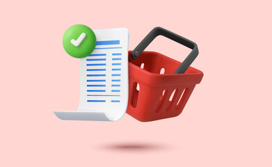 3d red shopping basket or cart with bill or receipt, green check mark, isolated on background. Purchase complete and ready receipt concept in 3d vector. Vector illustration