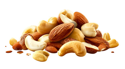 Assorted nuts piled on transparent background for healthy snacking