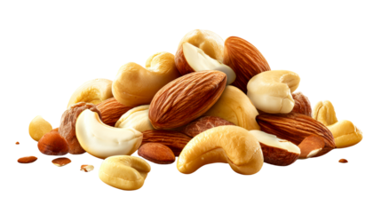 Assorted nuts piled on transparent background for healthy snacking