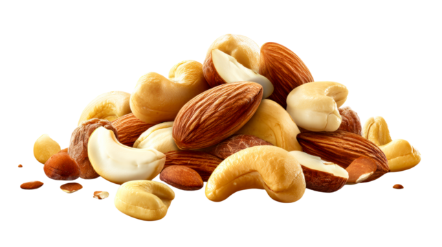 Assorted nuts piled on transparent background for healthy snacking