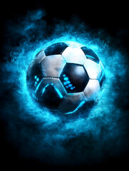 Fototapeta premium Futuristic Glowing Blue Soccer Ball — High-tech illuminated football with blue neon lights and smoke on a black background, perfect for sports tech design or digital promotion.