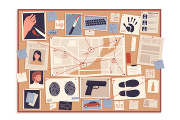 Crime evidence board with pins and red thread connecting scheme vector illustration. Cartoon detective investigation pinboard with paper map, photos and pictures to investigate murder background