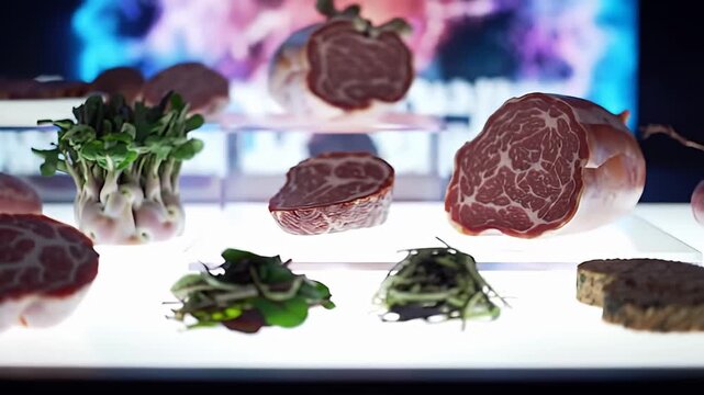 Assortment of cured meats and fresh greens displayed on luminous white surfaces