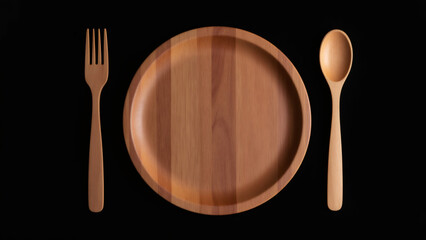 Overhead shot of wooden plate, fork, and spoon on a black surface