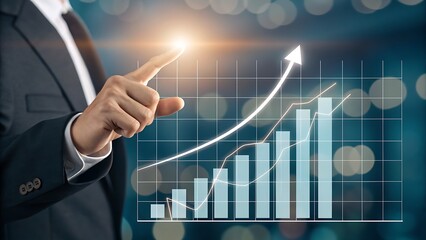 Business growth chart analysis with pointing hand, data visualization, and upward trend on grid.