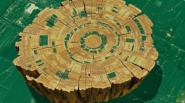 cross-section of a giant digital tree, showing concentric rings representing years of consistent savings growth. Tiny automated processes swarm within its core, actively optimizing financial 