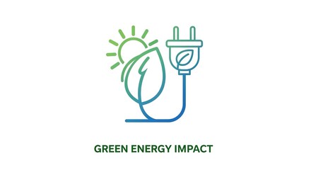 Green energy impact logo with leaf sun and plug in line art.