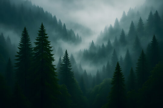 Misty Forest Landscape with Layers of Pine Trees and Morning Fog