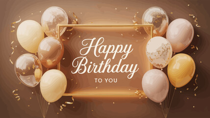 Elegant Happy Birthday design with glowing message, gold and beige balloons, festive confetti, and brown gradient—ideal for celebration cards