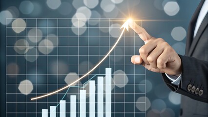 Businessman's finger touching upward trend line on growing chart, symbolizing growth, success, and positive projection with abstract background.